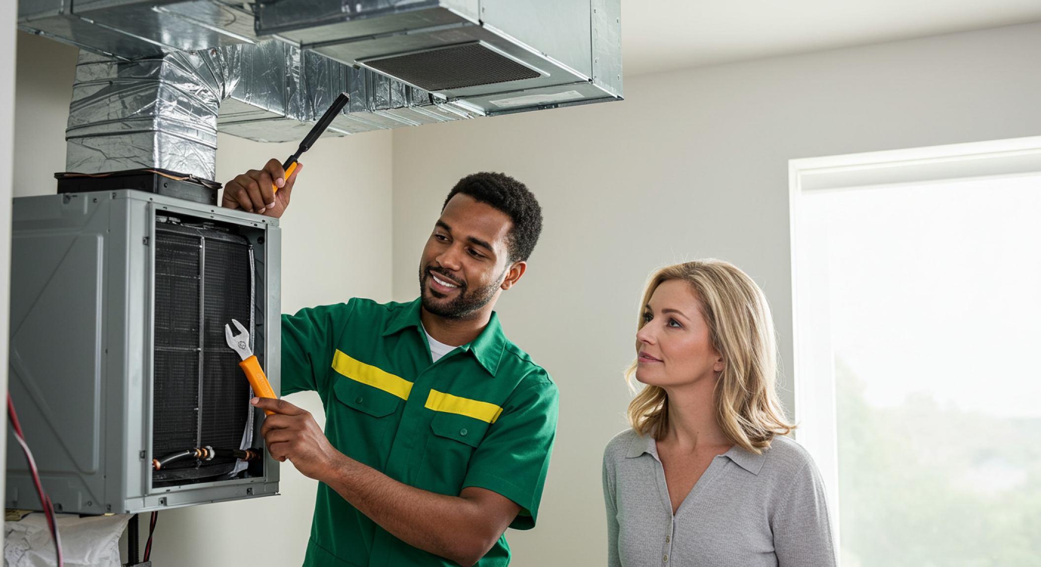 clean air expert talking to a client